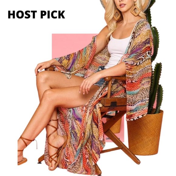 Dresses & Skirts - KIMONO Mix-Print Open Front Maxi Kimono Medium
